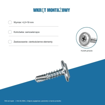 Wkręt montażowy Info-GLOBAL MB 4,2×19 mm, ocynk bez lakieru, 500 szt.